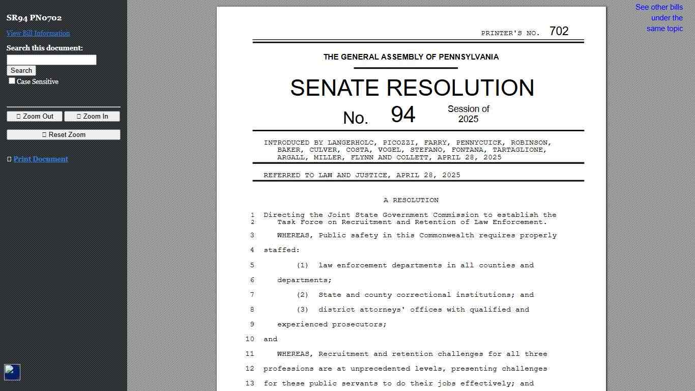 2025-2026 Regular Session SR 94 PN 0702 Bill Text (HTM)