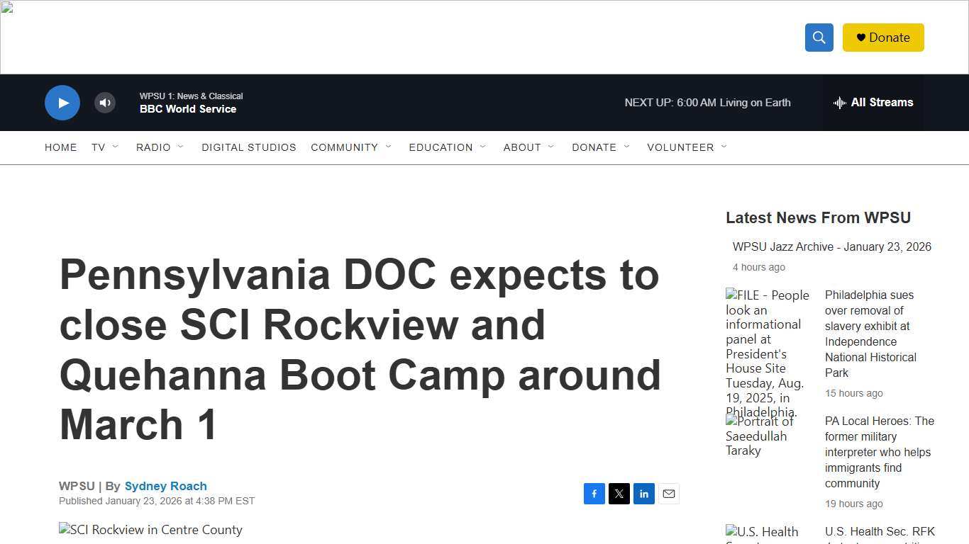 Pennsylvania DOC expects to close SCI Rockview and Quehanna Boot Camp around March 1 WPSU